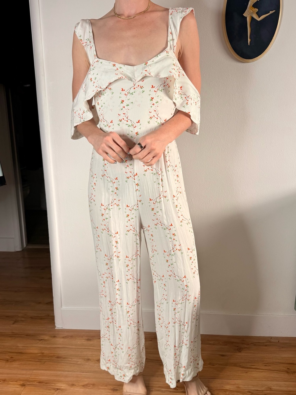 Off-Shoulder Floral Jumpsuit in White - Picture 5 of 5